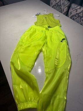 Nike Neon Lime Green Cropped Tank & Shiny Joggers Set